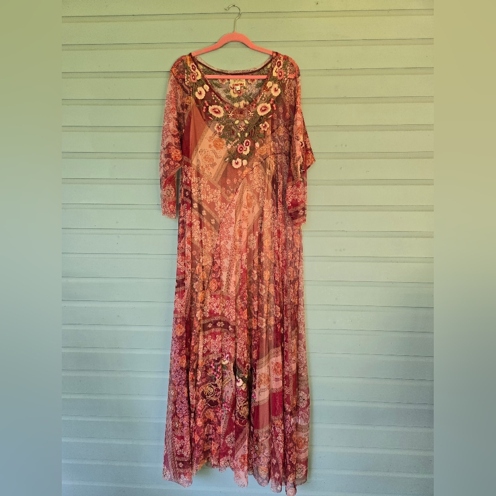 Johnny Was XL Burgundy, Gold, & Pink Embroidered Mesh Gown